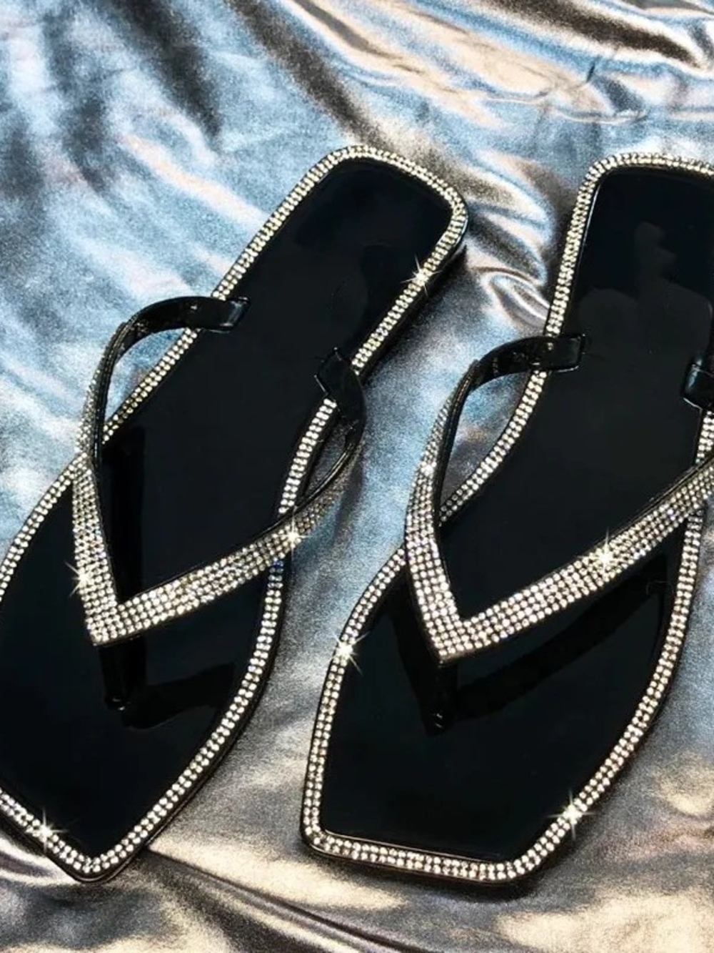 Black Rhinestone Trim Women's Flip Flop Sandals